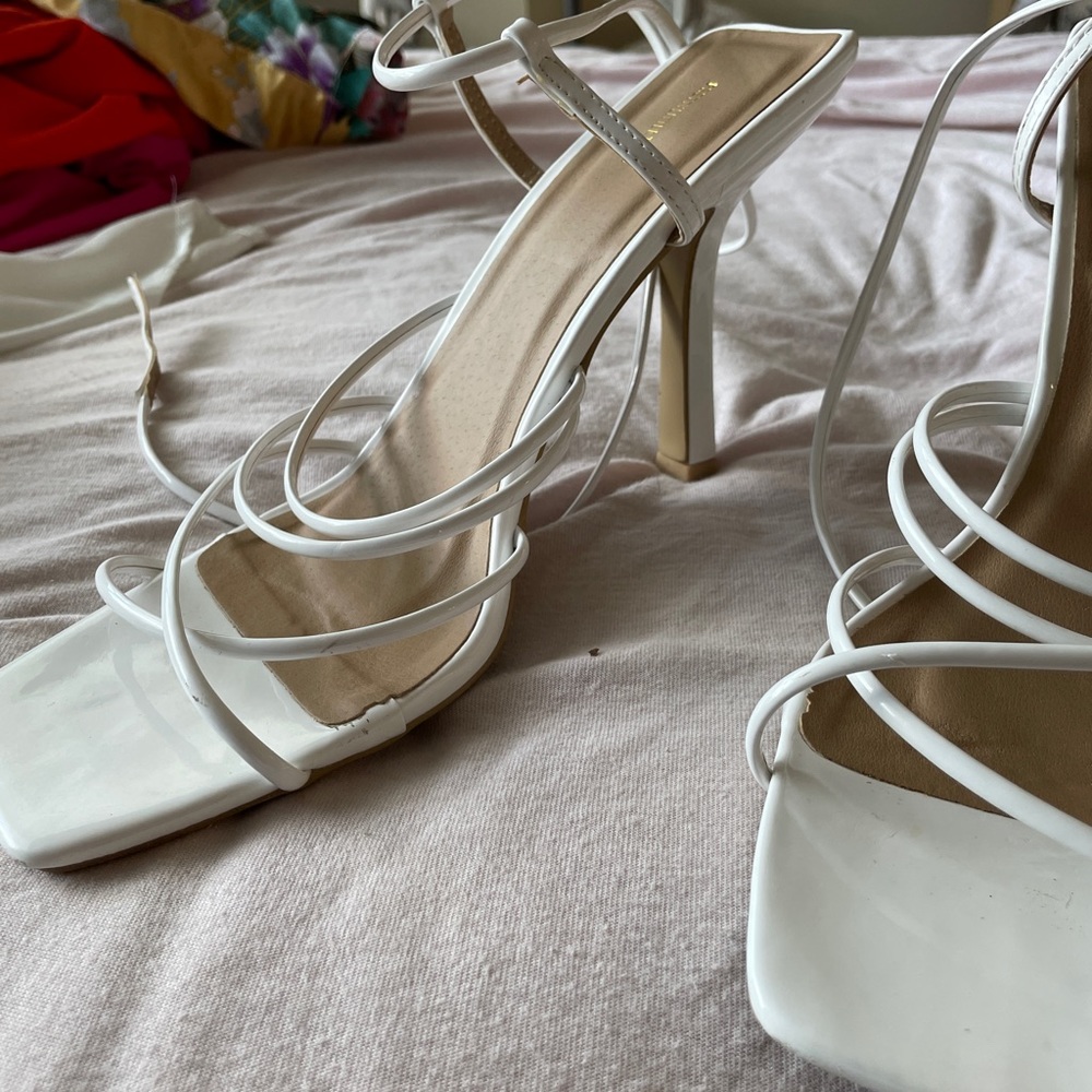 White strappy square toe PLT heels